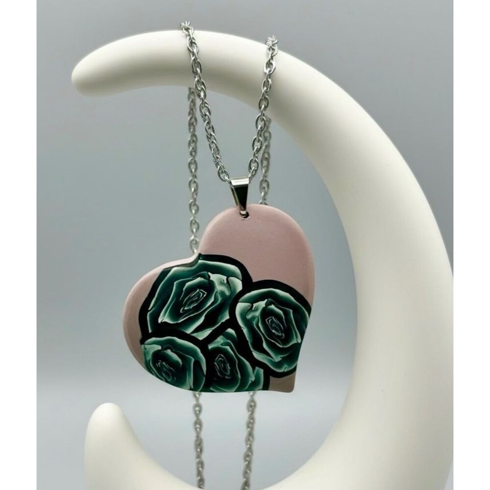 Handmade Polymer Clay Large Pendant Necklace Black Pink Rose Floral Heart SS